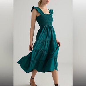 Quince Smocked Midi Dress Garden Green 100% Organic Cotton size L